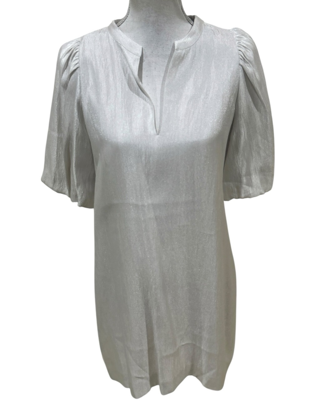 Ann Taylor White sheen Split-Neck Puff Sleeve dress size 8
